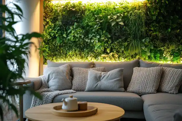 Indoor garden nook with a vertical green wall illuminated by warm lights, featuring a cozy sectional sofa with cushions and throws, and a round wooden coffee table in the foreground