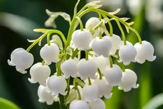 Close-up of delicate white lily of the valley flowers blooming on a single green stem against a blurred green background