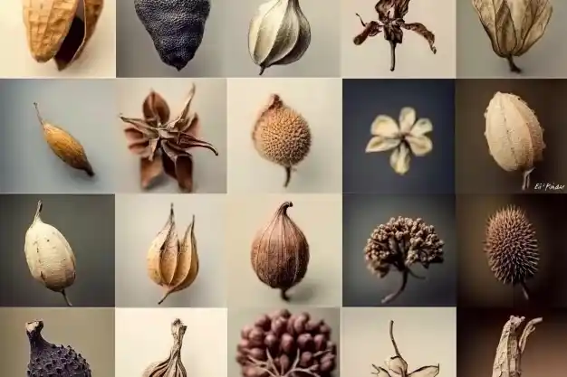 Collection of diverse seed pods and plant specimens displayed in an organized grid, showcasing unique shapes and textures