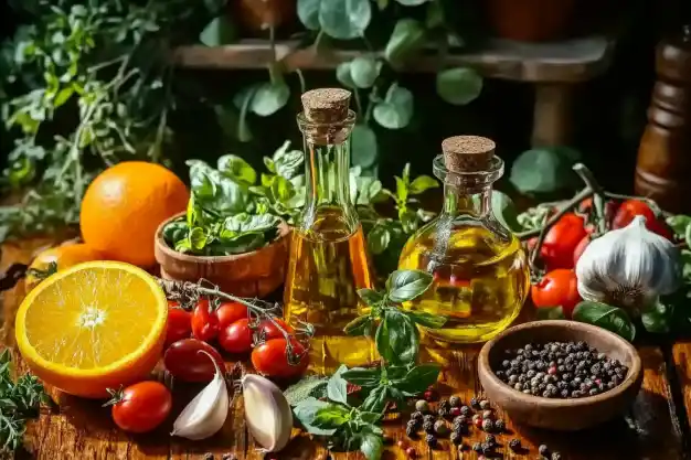 Rustic kitchen scene with fresh tomatoes, garlic, oranges, spices, and herbs, accompanied by bottles of olive oil, creating a vibrant display of Mediterranean ingredients