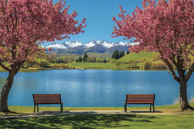 Scenic lakeside view framed by blossoming cherry trees, with benches under the pink canopy facing mountains in the background