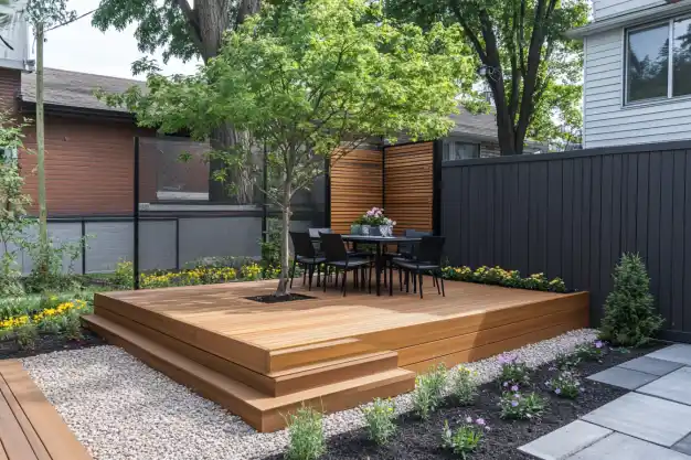 Modern backyard with a raised wooden deck, dining table, and lush landscaping featuring a central tree and privacy screens.