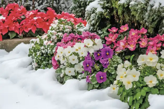 A vibrant garden featuring pansies and poinsettias blooming in the snow, creating a colorful contrast against the white backdrop of winter.