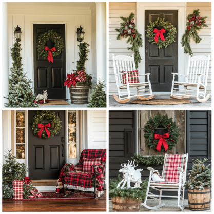 Festive front porch setups featuring holiday wreaths, cozy plaid blankets, rocking chairs, and rustic accents for a warm seasonal welcome.