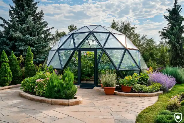 A modern geodesic greenhouse surrounded by a beautifully landscaped garden with vibrant plants and flowers, set under a clear blue sky.