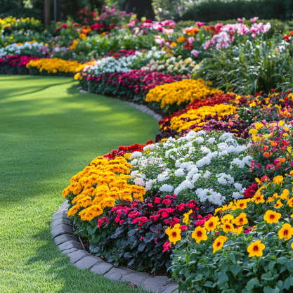 A lively garden bed filled with a stunning variety of colorful flowers, embodying Creative Small Garden Design Ideas as it artfully curves alongside a well-manicured lawn.