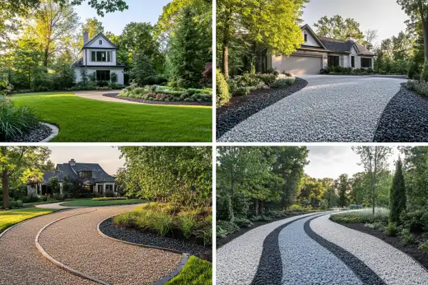 A collage of four images showcasing elegant gravel driveways surrounded by lush greenery, modern houses, and landscaped gardens, highlighting curved pathways and clean designs.