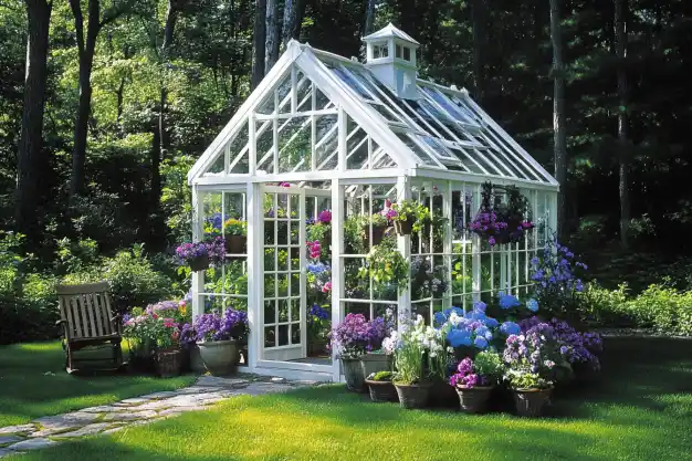 A picturesque white greenhouse surrounded by vibrant potted flowers in a lush green garden, with a wooden chair nearby and tall trees in the background.