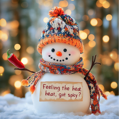 Whimsical snowman wearing a colorful knit hat and scarf, holding a red chili pepper with a playful sign reading 'Feeling the heat, heat, got spicy?