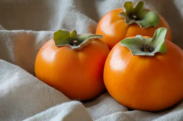 Three ripe persimmons with vibrant orange skin and leafy tops, resting on a soft beige fabric background.