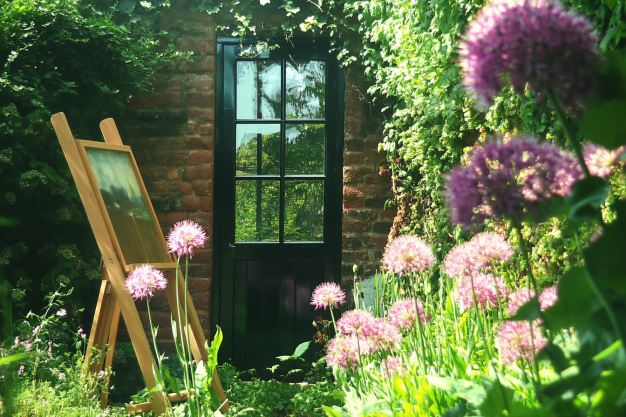 Secret garden corner with pink flowers, an easel, and a door in a brick wall.