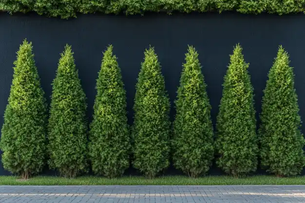 A row of neatly trimmed evergreen trees against a dark wall, creating a uniform and elegant natural hedge above a paved pathway.