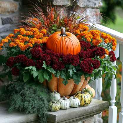 20-Inch Black Fiber Concrete Barrel Pot filled with vibrant autumnal flowers and foliage, including bright orange and deep red marigolds, arranged around a large pumpkin centerpiece, complemented by decorative gourds in various shapes and colors, creating a warm and festive fall display