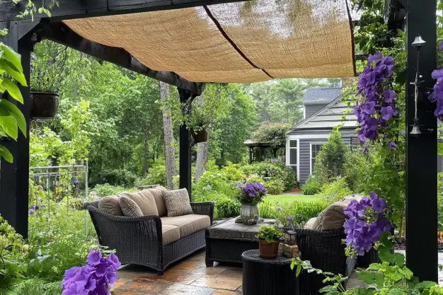 Outdoor patio with shaded seating area, wicker furniture, and purple flowering vines