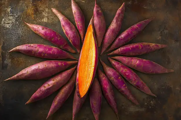 Artistic arrangement of whole purple sweet potatoes with a sliced orange center on a rustic background.