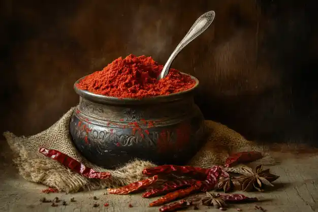 A rustic metal pot filled with vibrant red chili powder, with a spoon resting inside, surrounded by dried chilies and spices on a burlap-covered wooden surface.