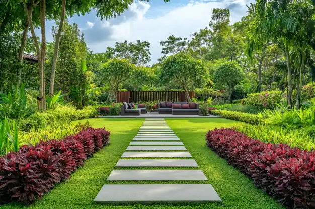 A beautifully landscaped garden with a modern design, featuring a straight pathway of white stepping stones on a green lawn, flanked by rows of red ornamental plants, leading to a seating area with sofas surrounded by lush trees and greenery.