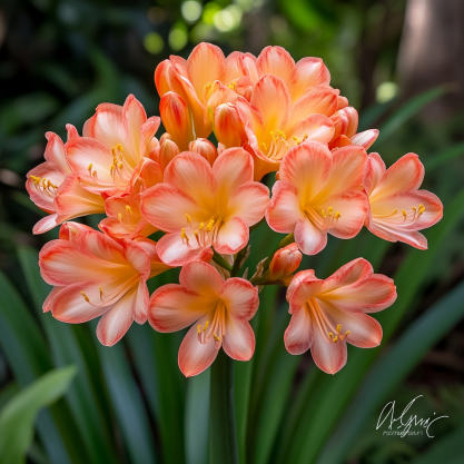 Vibrant orange clivia flowers in full bloom, with lush green leaves forming a striking contrast.