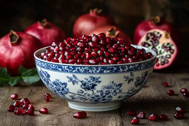 A decorative blue and white bowl filled with fresh pomegranate seeds, surrounded by whole and halved pomegranates on a rustic wooden surface.