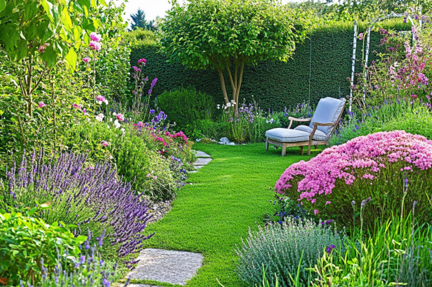 Tranquil garden with a lush lawn, colorful flowers, and a cozy seating area.