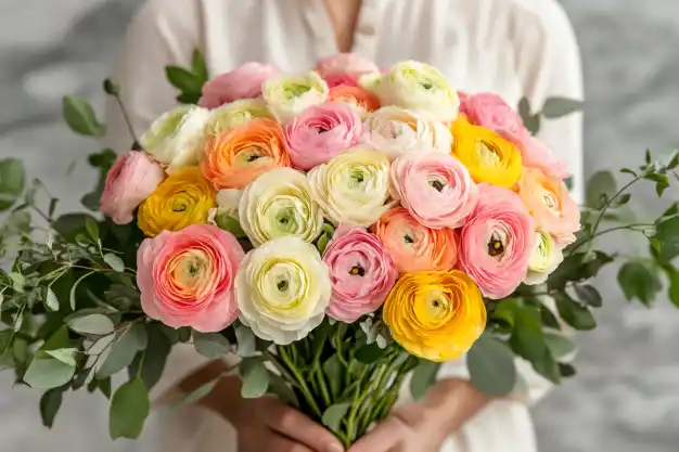 A vibrant bouquet of ranunculus flowers in shades of pink, yellow, white, and peach, held by a person in a light-colored outfit. The arrangement is complemented by green foliage, creating a fresh and cheerful display