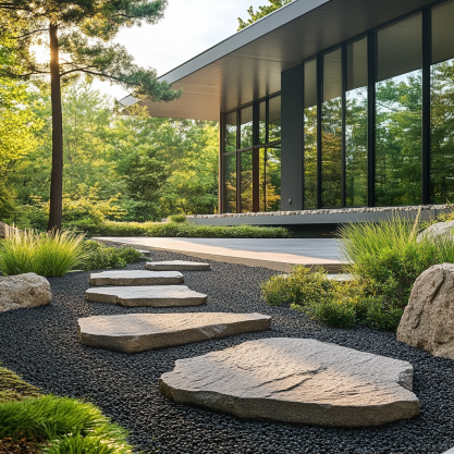 
A modern garden path with large stepping stones set in black gravel, surrounded by lush greenery, showcasing Creative Small Garden Design Ideas as it leads to a sleek glass-walled structure.