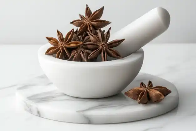 Star anise spices in a white marble mortar with a pestle, placed on a matching marble base against a minimalist background.