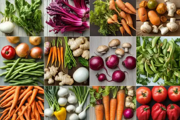 A vibrant grid of various fresh vegetables, including carrots, tomatoes, onions, peppers, mushrooms, and leafy greens, displayed on a rustic wooden background.