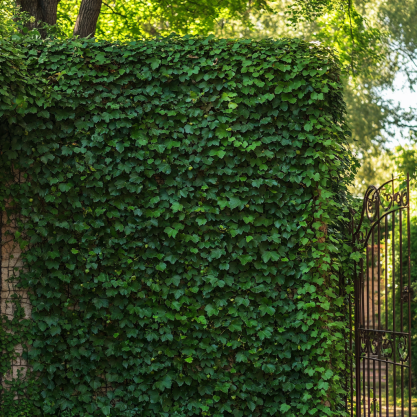 
A lush ivy-covered wall beside an ornate wrought-iron gate, showcasing Creative Small Garden Design Ideas for a secluded, charming garden entrance.