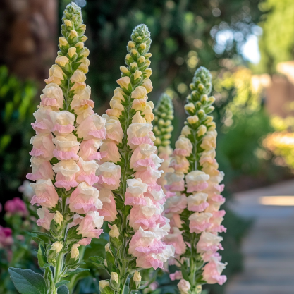 Soft pink and white snapdragon flowers in full bloom, showcasing delicate petals in a lush garden setting.