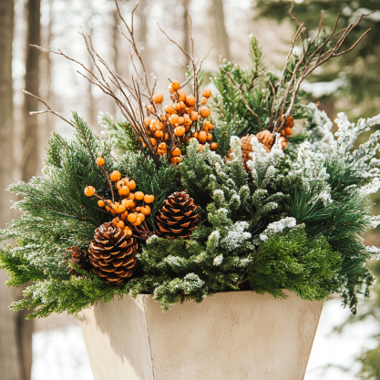 Festive winter arrangement with frosted greenery, orange berries, and pinecones in a tall planter.