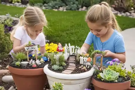 wo girls exploring a magical fairy garden in planters with mini houses and colorful plants