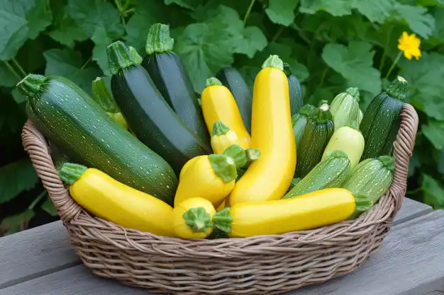 A wicker basket filled with freshly harvested green and yellow zucchinis, placed on a wooden surface with lush green leaves in the background.