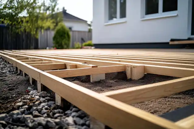 Wooden deck frame being built over a gravel foundation, with a house in the background