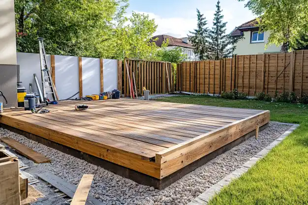 Completed wooden deck in a backyard surrounded by trees, tools scattered nearby