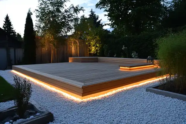 Modern wooden deck with built-in lighting, surrounded by white gravel and landscaped plants at dusk