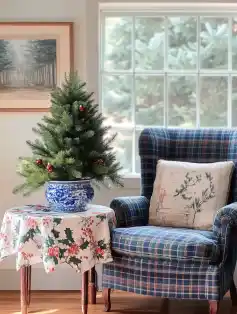 Cozy living corner featuring a navy plaid armchair with a cream pillow, a small Christmas tree in a blue and white ceramic pot on a round table covered with a floral tablecloth, and wicker baskets next to a window with natural light.