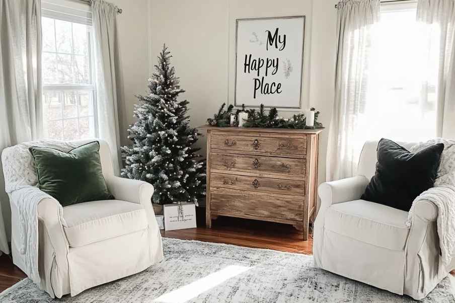 Cozy living room with two white armchairs adorned with green and patterned cushions, a wooden chest of drawers with a small decorated Christmas tree, and a sign reading "My Happy Place" above it.