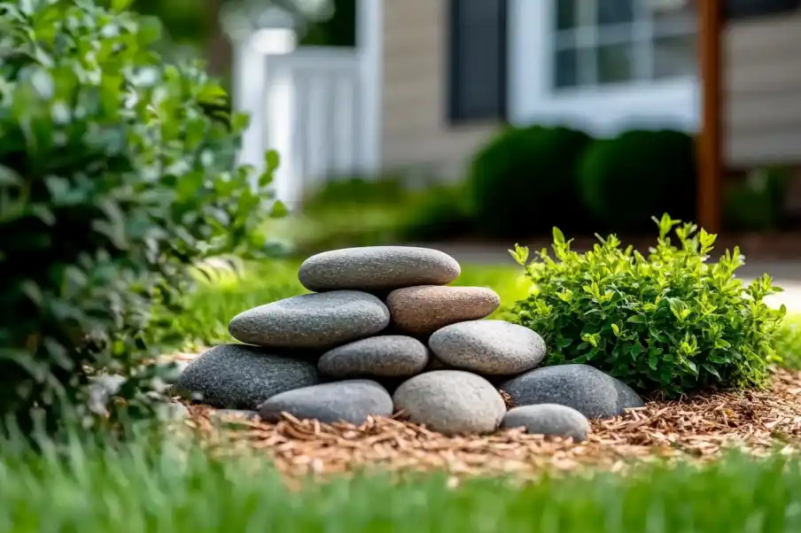 Small pile of smooth, gray stones arranged decoratively in a mulched garden bed, surrounded by vibrant green shrubs and grass, with a house visible in the background