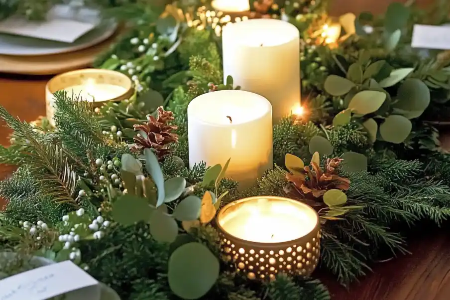 Elegant holiday table centerpiece featuring glowing candles surrounded by lush greenery, eucalyptus leaves, pinecones, and white berries, creating a warm and festive ambiance.