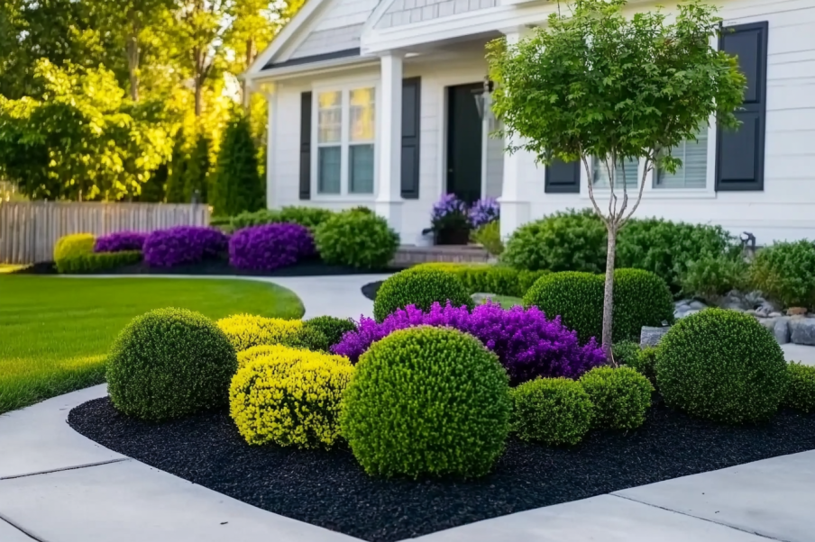 A beautifully landscaped front yard with neatly trimmed bushes in vibrant green and yellow shades, surrounded by bright purple flowers. The yard features a young tree as a focal point, set against a modern white house with black shutters and a well-maintained lawn