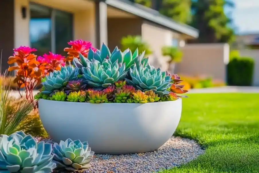 Vibrant succulent arrangement in a modern white planter, surrounded by decorative gravel and a lush green lawn, with colorful foliage and a contemporary home in the background.