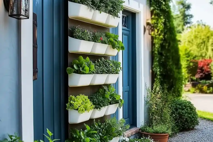 Vertical wall-mounted garden with white planters holding a variety of fresh herbs and greens, set against a blue exterior wall near a front door, surrounded by lush greenery and a serene outdoor environment