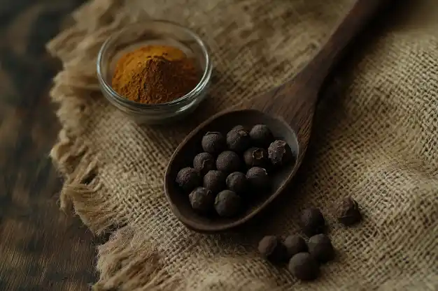 Wooden spoon filled with whole allspice berries resting on a textured burlap cloth, with a small glass bowl of ground allspice in the background.