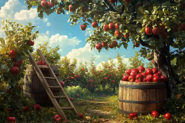 A picturesque apple orchard with trees laden with ripe red apples. Wooden barrels and a rustic ladder enhance the charm under a bright blue sky.