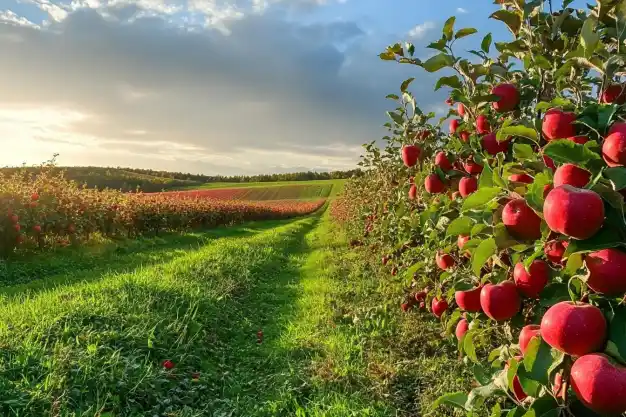 lush, vibrant apple orchard stretching into the horizon under a golden sunset. Rows of red apple-laden trees frame a grassy path, evoking a serene countryside atmosphere.