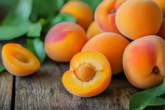 Fresh apricots placed on a wooden surface, some whole and one cut in half showcasing the seed inside, with green leaves in the background