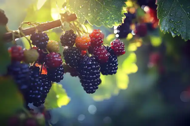 The image displays a cluster of ripe and juicy mulberries hanging from a branch, glistening under sunlight with drops of dew. The deep purple and red hues of the berries highlight their ripeness and rich flavor. The surrounding green leaves add a vibrant, natural contrast. Mulberries thrive in sunny spots with fertile, well-drained soil, making them a delightful addition to home gardens. Let me know if you'd like tips for growing or harvesting mulberries! 🌿🍇