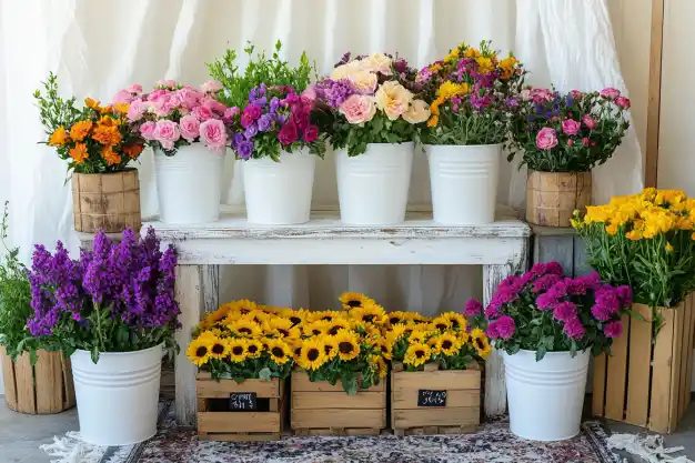 An elegant rustic flower display with sunflowers, roses, and purple blooms in white pots and wooden crates, creating a vibrant scene