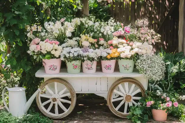 A charming white cart adorned with pastel-colored flower pots filled with blooming roses and wildflowers, surrounded by lush greenery